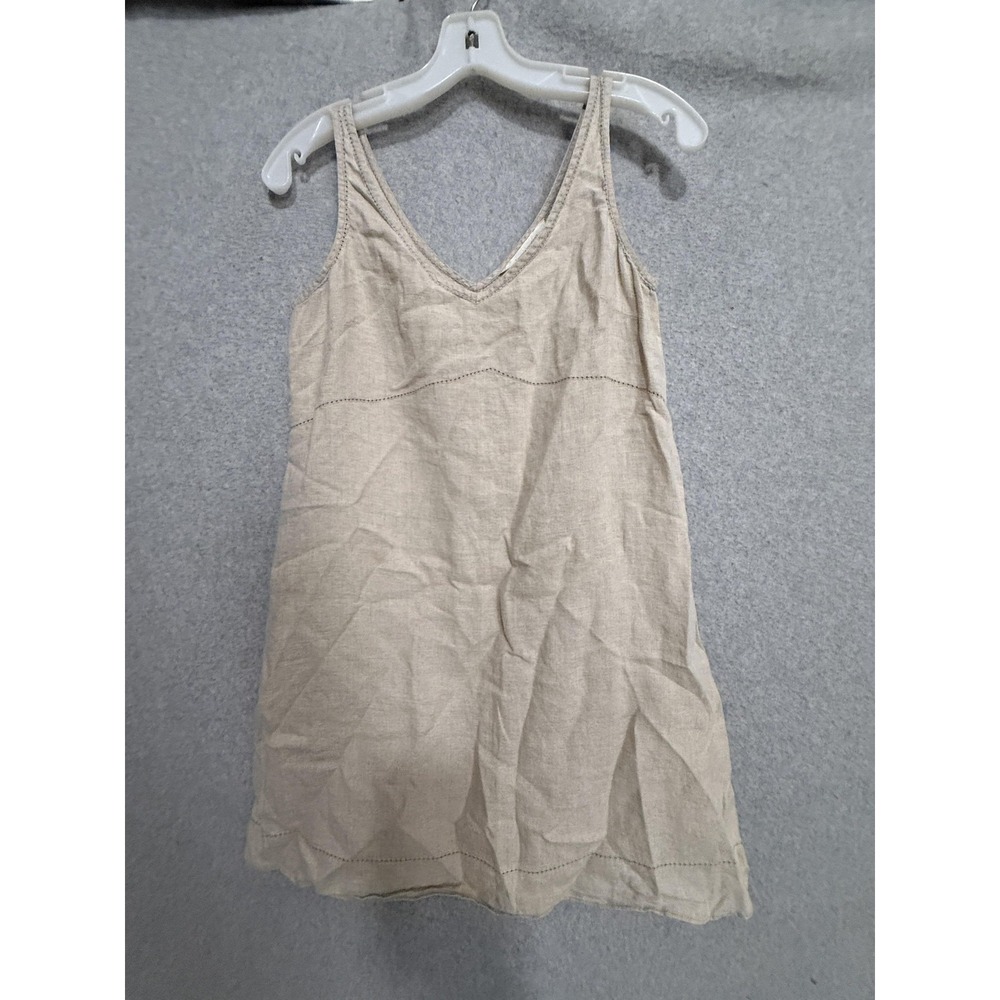 Y2K Express Dress Womens XS Beige Linen V Neck Tank Short Sundress Embroidered